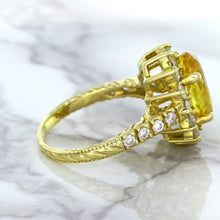 Load image into Gallery viewer, 4.04ct Oval Yellow Sapphire Ring with Diamond Halo in 14K Yellow Gold