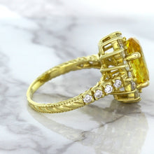 Load image into Gallery viewer, 4.04ct Oval Yellow Sapphire Ring with Diamond Halo in 14K Yellow Gold