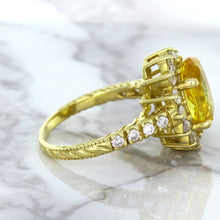 Load image into Gallery viewer, 4.04ct Oval Yellow Sapphire Ring with Diamond Halo in 14K Yellow Gold
