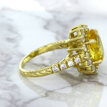 Load image into Gallery viewer, 4.04ct Oval Yellow Sapphire Ring with Diamond Halo in 14K Yellow Gold
