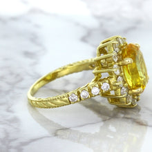 Load image into Gallery viewer, 4.04ct Oval Yellow Sapphire Ring with Diamond Halo in 14K Yellow Gold