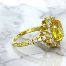 Load image into Gallery viewer, 4.04ct Oval Yellow Sapphire Ring with Diamond Halo in 14K Yellow Gold