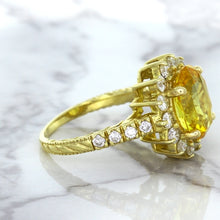 Load image into Gallery viewer, 4.04ct Oval Yellow Sapphire Ring with Diamond Halo in 14K Yellow Gold