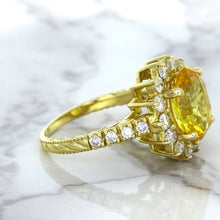 Load image into Gallery viewer, 4.04ct Oval Yellow Sapphire Ring with Diamond Halo in 14K Yellow Gold