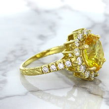 Load image into Gallery viewer, 4.04ct Oval Yellow Sapphire Ring with Diamond Halo in 14K Yellow Gold