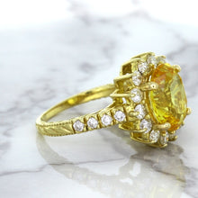 Load image into Gallery viewer, 4.04ct Oval Yellow Sapphire Ring with Diamond Halo in 14K Yellow Gold