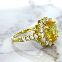 Load image into Gallery viewer, 4.04ct Oval Yellow Sapphire Ring with Diamond Halo in 14K Yellow Gold