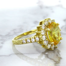 Load image into Gallery viewer, 4.04ct Oval Yellow Sapphire Ring with Diamond Halo in 14K Yellow Gold