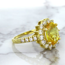 Load image into Gallery viewer, 4.04ct Oval Yellow Sapphire Ring with Diamond Halo in 14K Yellow Gold