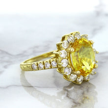 Load image into Gallery viewer, 4.04ct Oval Yellow Sapphire Ring with Diamond Halo in 14K Yellow Gold