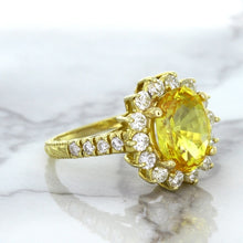 Load image into Gallery viewer, 4.04ct Oval Yellow Sapphire Ring with Diamond Halo in 14K Yellow Gold