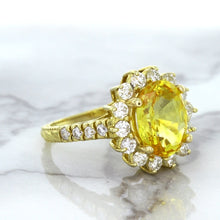 Load image into Gallery viewer, 4.04ct Oval Yellow Sapphire Ring with Diamond Halo in 14K Yellow Gold
