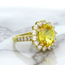 Load image into Gallery viewer, 4.04ct Oval Yellow Sapphire Ring with Diamond Halo in 14K Yellow Gold