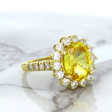 Load image into Gallery viewer, 4.04ct Oval Yellow Sapphire Ring with Diamond Halo in 14K Yellow Gold