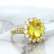 Load image into Gallery viewer, 4.04ct Oval Yellow Sapphire Ring with Diamond Halo in 14K Yellow Gold