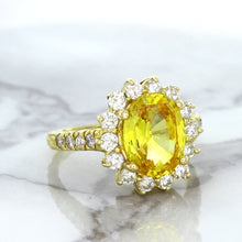 Load image into Gallery viewer, 4.04ct Oval Yellow Sapphire Ring with Diamond Halo in 14K Yellow Gold