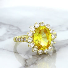 Load image into Gallery viewer, 4.04ct Oval Yellow Sapphire Ring with Diamond Halo in 14K Yellow Gold