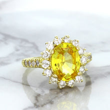 Load image into Gallery viewer, 4.04ct Oval Yellow Sapphire Ring with Diamond Halo in 14K Yellow Gold
