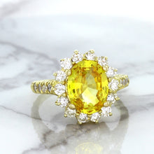 Load image into Gallery viewer, 4.04ct Oval Yellow Sapphire Ring with Diamond Halo in 14K Yellow Gold