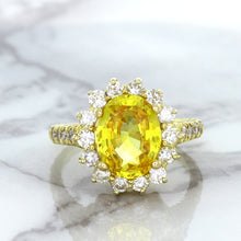 Load image into Gallery viewer, 4.04ct Oval Yellow Sapphire Ring with Diamond Halo in 14K Yellow Gold