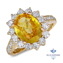 Load image into Gallery viewer, 4.04ct Oval Yellow Sapphire Ring with Diamond Halo in 14K Yellow Gold