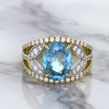Load image into Gallery viewer, 5.29ct Oval Blue Zircon Ring with Diamond Accents in 18K Yellow Gold
