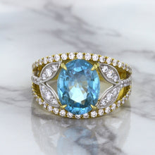 Load image into Gallery viewer, 5.29ct Oval Blue Zircon Ring with Diamond Accents in 18K Yellow Gold