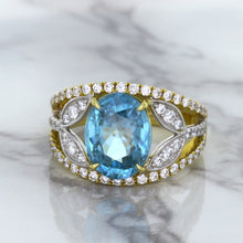 Load image into Gallery viewer, 5.29ct Oval Blue Zircon Ring with Diamond Accents in 18K Yellow Gold