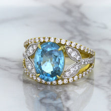 Load image into Gallery viewer, 5.29ct Oval Blue Zircon Ring with Diamond Accents in 18K Yellow Gold