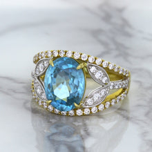 Load image into Gallery viewer, 5.29ct Oval Blue Zircon Ring with Diamond Accents in 18K Yellow Gold