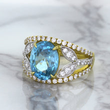Load image into Gallery viewer, 5.29ct Oval Blue Zircon Ring with Diamond Accents in 18K Yellow Gold