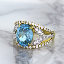 Load image into Gallery viewer, 5.29ct Oval Blue Zircon Ring with Diamond Accents in 18K Yellow Gold