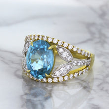 Load image into Gallery viewer, 5.29ct Oval Blue Zircon Ring with Diamond Accents in 18K Yellow Gold