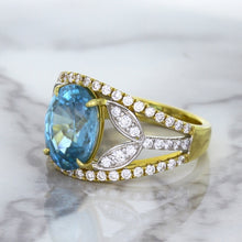 Load image into Gallery viewer, 5.29ct Oval Blue Zircon Ring with Diamond Accents in 18K Yellow Gold
