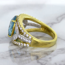 Load image into Gallery viewer, 5.29ct Oval Blue Zircon Ring with Diamond Accents in 18K Yellow Gold