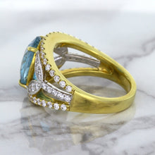Load image into Gallery viewer, 5.29ct Oval Blue Zircon Ring with Diamond Accents in 18K Yellow Gold