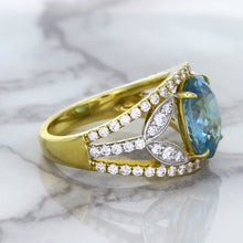Load image into Gallery viewer, 5.29ct Oval Blue Zircon Ring with Diamond Accents in 18K Yellow Gold