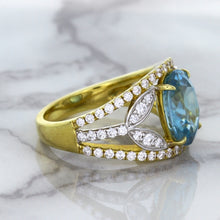 Load image into Gallery viewer, 5.29ct Oval Blue Zircon Ring with Diamond Accents in 18K Yellow Gold