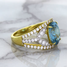 Load image into Gallery viewer, 5.29ct Oval Blue Zircon Ring with Diamond Accents in 18K Yellow Gold