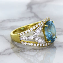 Load image into Gallery viewer, 5.29ct Oval Blue Zircon Ring with Diamond Accents in 18K Yellow Gold