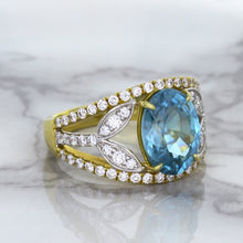 Load image into Gallery viewer, 5.29ct Oval Blue Zircon Ring with Diamond Accents in 18K Yellow Gold