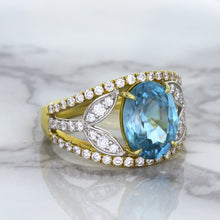 Load image into Gallery viewer, 5.29ct Oval Blue Zircon Ring with Diamond Accents in 18K Yellow Gold