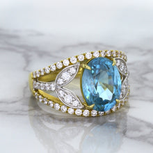 Load image into Gallery viewer, 5.29ct Oval Blue Zircon Ring with Diamond Accents in 18K Yellow Gold