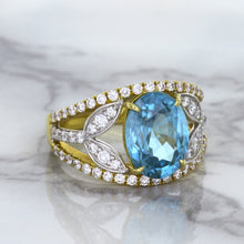 Load image into Gallery viewer, 5.29ct Oval Blue Zircon Ring with Diamond Accents in 18K Yellow Gold