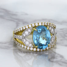 Load image into Gallery viewer, 5.29ct Oval Blue Zircon Ring with Diamond Accents in 18K Yellow Gold