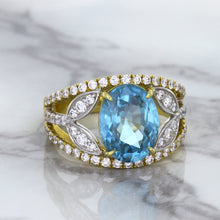 Load image into Gallery viewer, 5.29ct Oval Blue Zircon Ring with Diamond Accents in 18K Yellow Gold