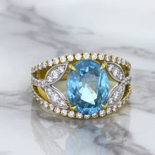 Load image into Gallery viewer, 5.29ct Oval Blue Zircon Ring with Diamond Accents in 18K Yellow Gold