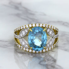 Load image into Gallery viewer, 5.29ct Oval Blue Zircon Ring with Diamond Accents in 18K Yellow Gold