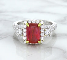 Load image into Gallery viewer, 3.04ct Cushion Ruby Ring with Diamond Halo in 18K White Gold
