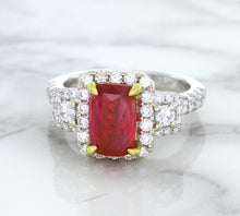 Load image into Gallery viewer, 3.04ct Cushion Ruby Ring with Diamond Halo in 18K White Gold